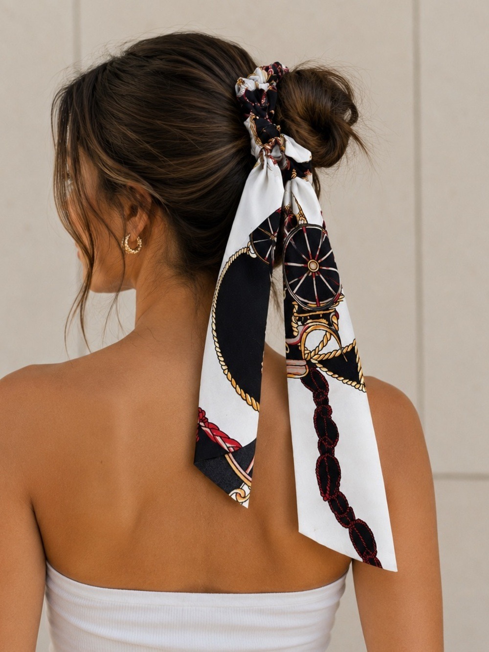 Ponytail Holder Hair Accessory Black White Gold Chain Print